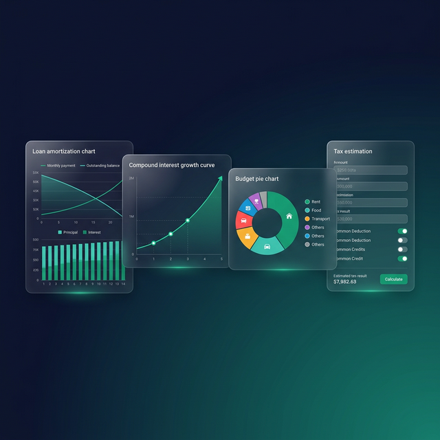 Sharp360Soft free finance tools dashboard — loan calculator, compound interest chart, budget planner, tax estimator