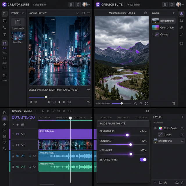 Free browser-based video editor with multitrack timeline and photo editor with brightness contrast sliders